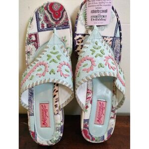 Vtg‎ Roberto Cavalli Angels Dribbling Mixed Print Platform Wedge Sandals NWT 8.5